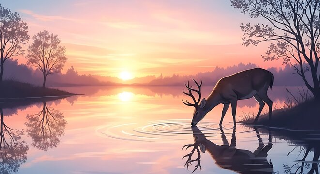 Deer drinking from serene lake at sunset.