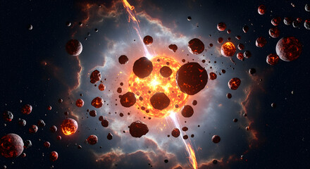 A vibrant cosmic scene with a central fiery burst and surrounding celestial bodies scattered throughout the inky void