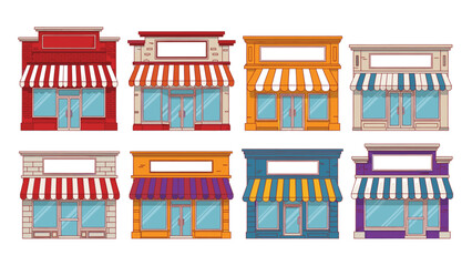 Obraz premium Collection of colorful storefronts with awnings and signage