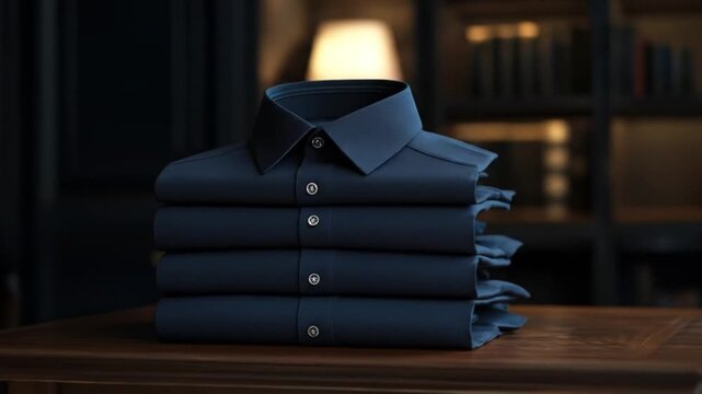 Neatly stacked dark blue dress shirts on a polished wood table in a dim study