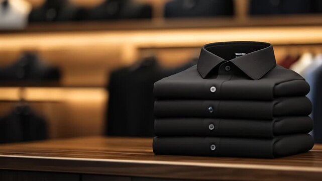 Neatly folded stack of black shirts on a wooden surface in a luxurious store setting