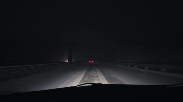 Night drive safety, Night journey with snow glare, Nighttime vehicle navigation through snow