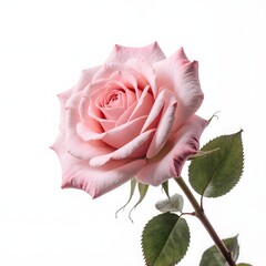 Elegant blush rose with green leaves on a white background, side view