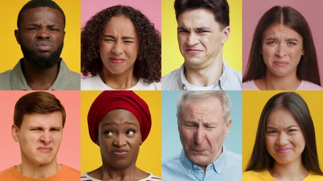 A collage featuring a diverse group of people expressing a range of emotions. Each individual displays unique reactions, set against vibrant backgrounds that enhance their feelings.
