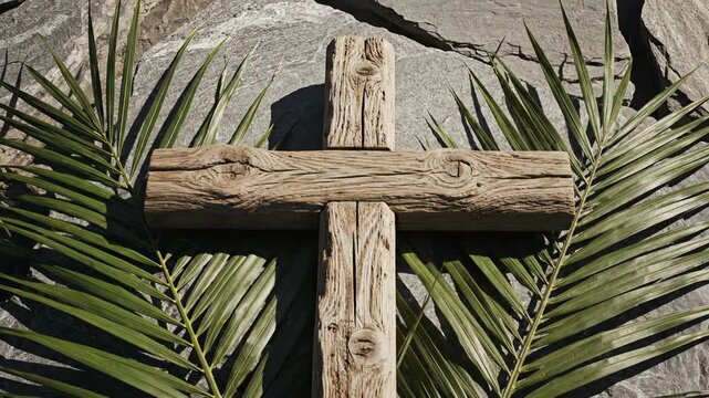 A rustic, weathered wooden cross is flanked by vibrant green palm fronds, resting on a textured stone surface under bright natural sunlight. This poignant composition conveys spiritual reflection, hop