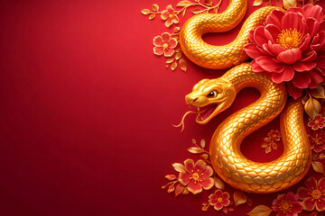 Golden snake surrounded by flowers on red background