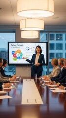 Businesswoman presenting to colleagues in meeting room.