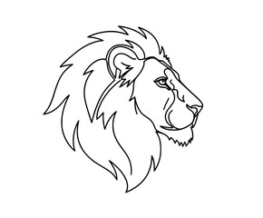 Fototapeta premium Stylized black and white minimalist line art vector illustration showcasing the majestic profile view of a fierce male lion head with a full mane.