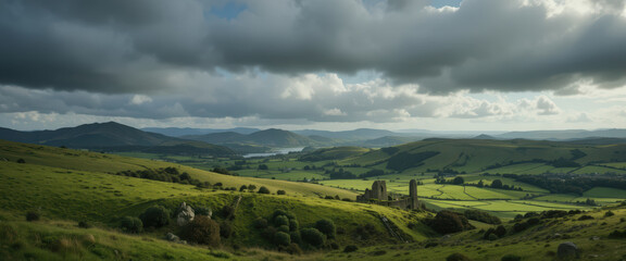 Obraz premium Landscape green hill valley rolling countryside cloudy sky ruin lake distant mountain rural dramatic light Serene rural landscape with rolling