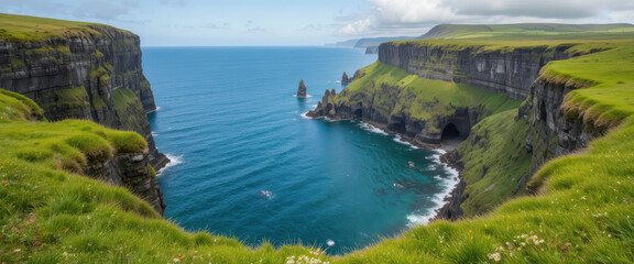Sea cliff coastline ocean rock cave grass sky landscape serene view of rugged shore and blue water under soft cloud sky