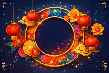 Vibrant Chinese New Year lanterns and flowers in gold circle