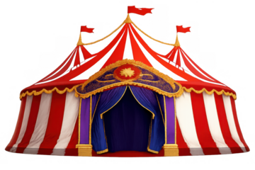 Circus big top tent with red and white stripes and flags, offering amusement and entertainment, on transparent background