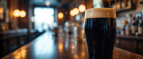 Dark beer pint glass wooden bar pub interior ambient light foam head cold drink alcohol beverage evening mood rustic decor dark beer pint glass