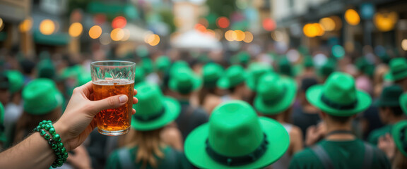 St patrick day beer festival crowd green hat celebration party street holiday pint glass St Patrick day street festival crowd scene joy