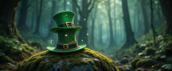 Green hat leprechaun hat forest fantasy magic sparkle moss rock shamrock holiday woodland fairytale folklore clover gold buckle accessory