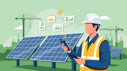 Solar energy technician monitoring solar panels with tablet and radio.