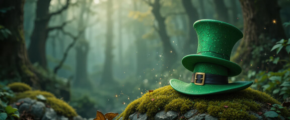Green hat forest moss magic fantasy nature mist fairy whimsical green hat on moss in misty forest with soft magic light and gentle fantasy sparkles