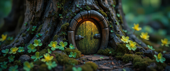 Fantasy door tree trunk woodland moss clover forest magic fairy tale doorway nature leaf bark root grass stone path light glow mystery enchanted