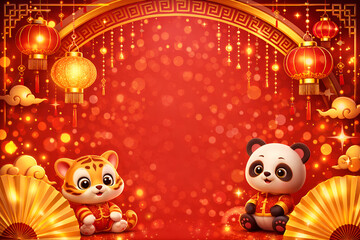 Chinese New Year celebration with cute tiger and panda