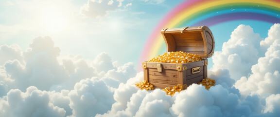 Treasure chest gold coin rainbow cloud sky fantasy magic sunlight dreamy atmosphere wealth hope luck