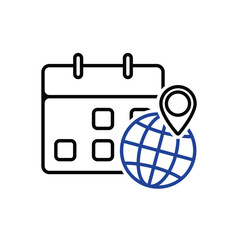 Holiday calendar. Travel icon. Globe and location with calendar behind it. Long holiday, beach, mountain. Outline design style