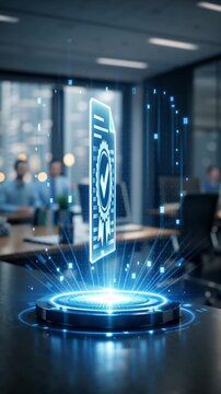 Ema approval medical regulatory document hologram digital certificate concept with virtual checkmark ribbon icon glowing secure record validation success technology innovation modern office