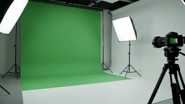 A professional studio setup featuring a green screen backdrop, lighting equipment, and a camera on a tripod.