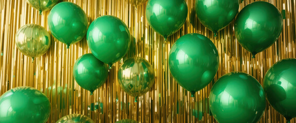 Green balloon gold balloon party decoration shiny background holiday celebration metallic fringe festive backdrop birthday party celebration