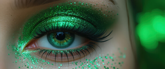 Green eye glitter makeup green eyeshadow fashion beauty closeup eye glamour look sparkle glitter party makeup female face cosmetic style Green eye
