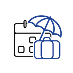 Vacation icon. Travel. Backpack with umbrella and calendar on the back. Long holiday, beach, mountain. Outline design style.