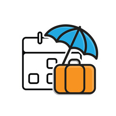 Vacation icon. Travel. Backpack with umbrella and calendar on the back. Long holiday, beach, mountain. Mixed design style.
