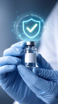 Medical vial glove protection shield check ema regulatory approval concept digital healthcare safety sterile vaccine in gloved hand symbol laboratory research clinical trial hope