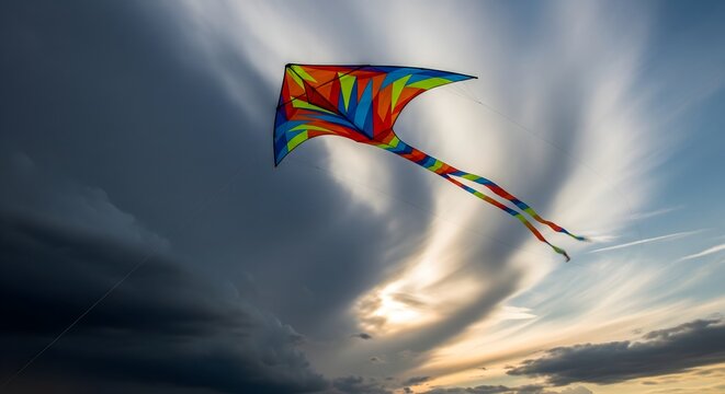 Vibrant Colorful Kite Flying High in Dramatic Sky at Sunset