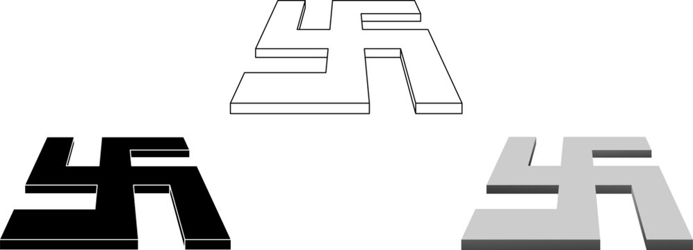 3D swastika icons in outline, solid black, and grayscale shading. Geometric spiritual symbols