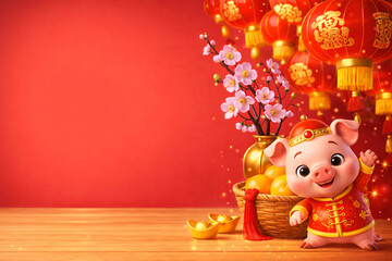 Cute pig in traditional Chinese dress for Lunar New Year