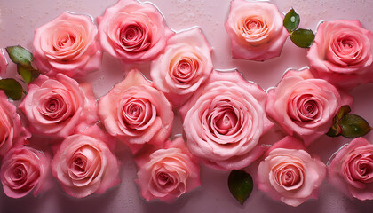 Overhead Shot Of Pink Rose Flowers In Water Featuring