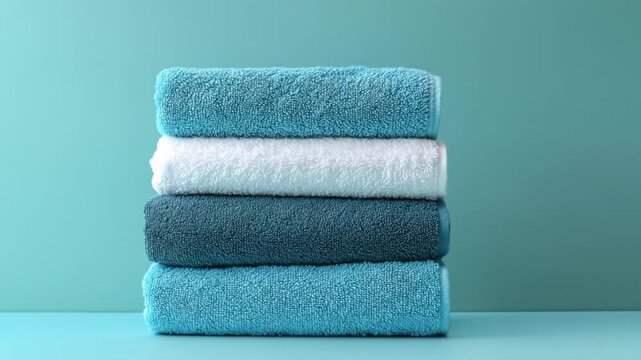 Stack of four folded towels in shades of blue and white on a matching background