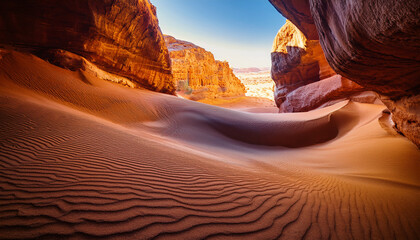 Intricate Sand Design Inside Ancient Desert Cave With Sunlit Entrance