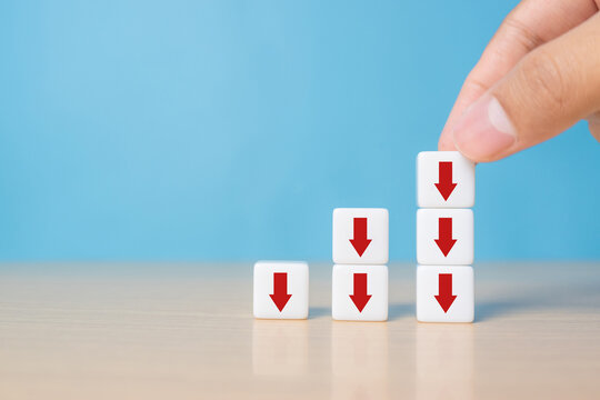 Business decline, performance decrease arrow drop down. Market loss concept diagram in arrow chart dice.