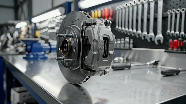 Brake rotor and caliper assembly displayed on a workshop table
