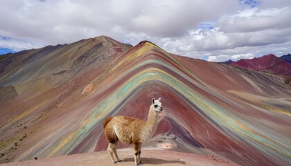 A photogenic llama stands calmly on a high mountain ridge, posing gracefully in front of the spectacular, vibrantly striped Vinicunca, also known as Rainbow Mountain, under a bright sky.