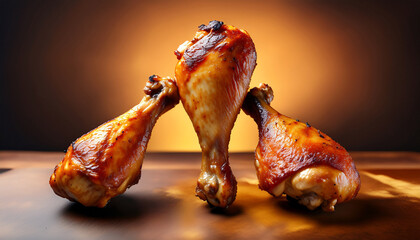 Three Roasted Chicken Drumsticks Arranged In A Triangle With A Golden Crust And Juicy Meat Highlighted By Natural Lighting For An Appetizing Fresh Look