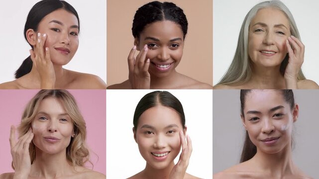A collage featuring women of various ages engaging in skin care routines. Each individual demonstrates different pampering techniques at home, highlighting beauty rituals.