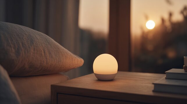 Soft glow from a lamp on nightstand with a pillow, books and a window with a sunrise