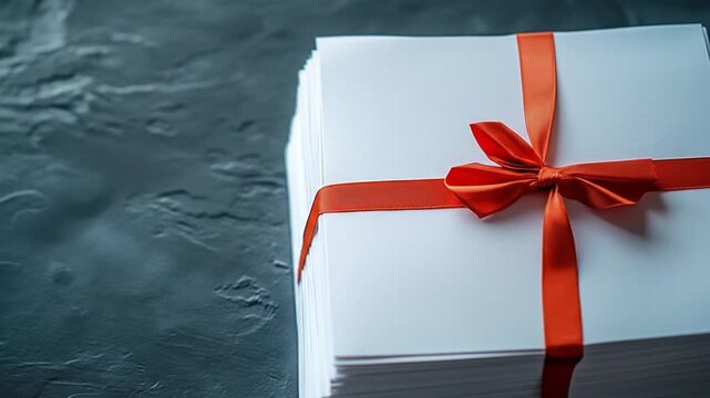 Tall stack of white papers tied with a vibrant red ribbon and bow on a dark background