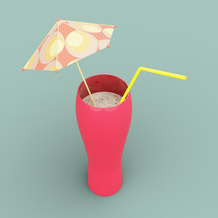 Cocktail Wine Pink Color Glass with Yellow Straw and Colorful Umbrella. 3D Illustration. File with Clipping Path.