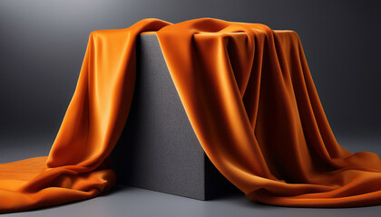 Orange Velvet Fabric Draped Over A Dark Gray Block On A Gray Surface Creating A Soft And Elegant Display
