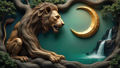 A detailed, stylized golden lion sculpture with a majestic mane rests on intricate tree roots, observing a shimmering golden crescent moon and a serene waterfall against a teal backdrop.