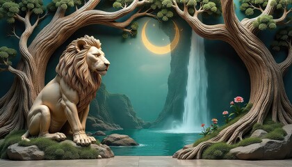 A magnificent, stylized golden lion sculpture sits regally on rocks and moss amidst ancient tree trunks, facing a beautiful waterfall and a golden crescent moon illuminating a mystical landscape.