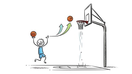 Stick Figure Playing Basketball and Scoring a Basket.